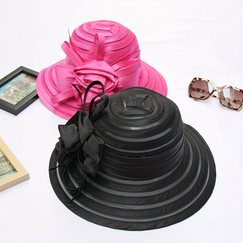 Mesh Breathable Organza Sun Hat Wide Brim Flower Decor UV Protection Bucket Hat