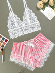 Lace Stitching Pajama Set V Neck Cami Top & Striped Shorts