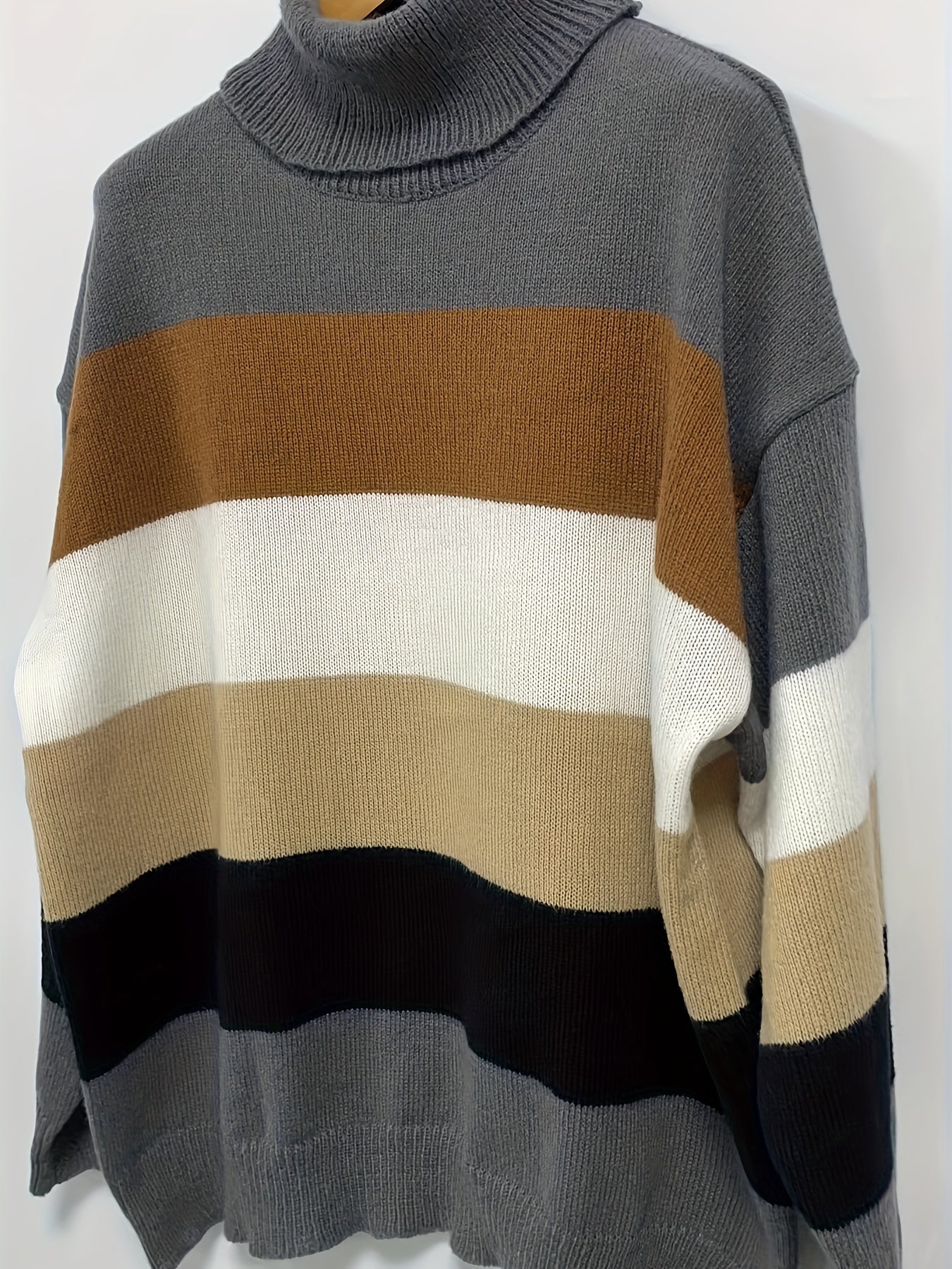 Casual Sweater Women's Plus Colorblock Long Sleeve Turtle Neck Jumper
