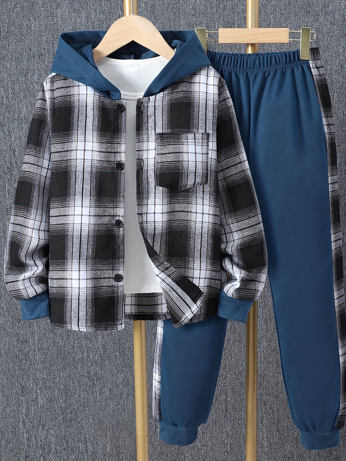 Boys 2pcs Hooded Shirt Top & Sweatpants Plaid Print Kids Clothes