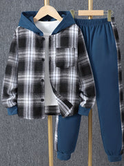 Boys 2pcs Hooded Shirt Top & Sweatpants Plaid Print Kids Clothes