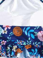 Floral Print Ruffle Trim Halter 2 Piece Set Tankini