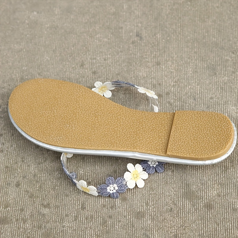 Women's Flower Flat Sandals Transparent Band Slip On Shoes