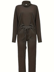 Solid Ribbed Turtleneck Top & Wide Leg Pants Set