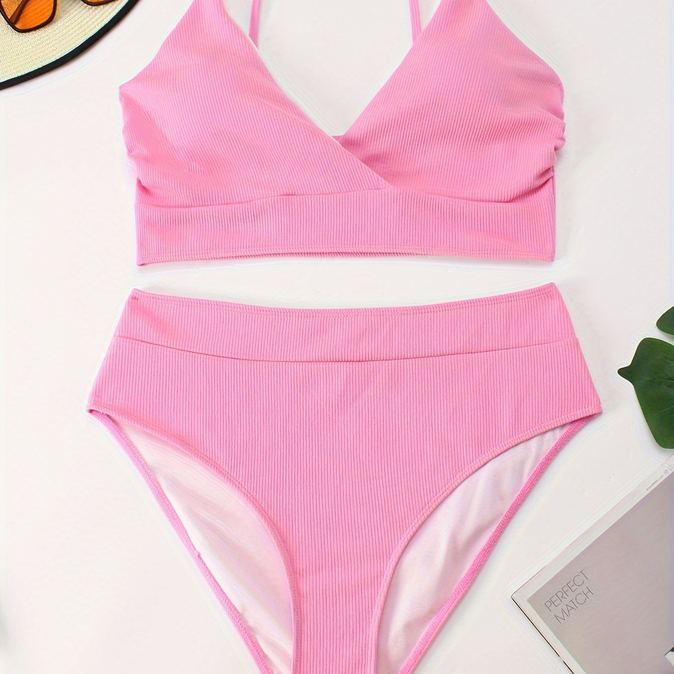 Bikini Set Wrap V Neck Ribbed Knit Bra & Panty Swimsuit 2 Piece Set
