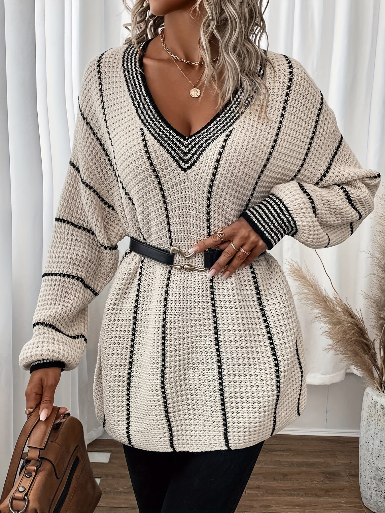 Striped V Neck Pullover Sweater Casual Long Sleeve Loose Sweater