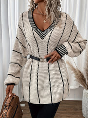 Striped V Neck Pullover Sweater Casual Long Sleeve Loose Sweater