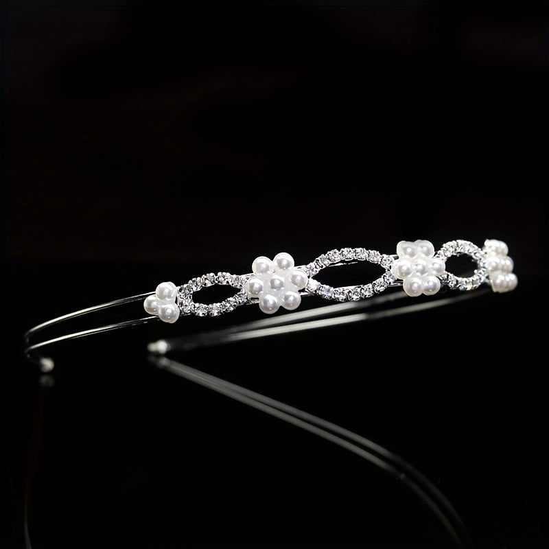 Rhinestone Faux Pearl Headband Queen Double Layer Crown Tiara Head Jewelry