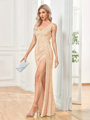Sequined V Neck Ruched Split Dress Chain Decor Bodycon Dress