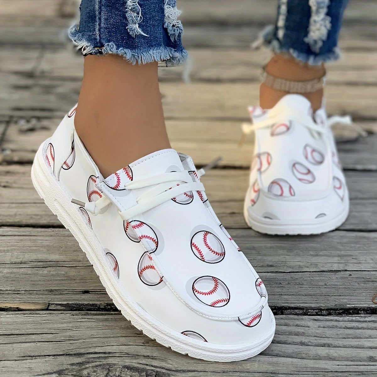 Women's Baseball Pattern Flat Shoes Lightweight Soft Sport Running Shoes