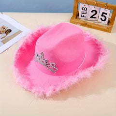 Pink Feather Brim Cowboy Hat Crown Decor Western Sun Hat Hip Hop Breathable