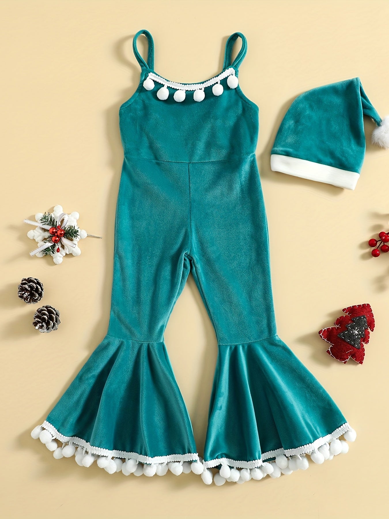 2pcs Girls' Christmas Jumpsuit Sleeveless Flannel Romper Set