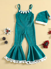 2pcs Girls' Christmas Jumpsuit Sleeveless Flannel Romper Set