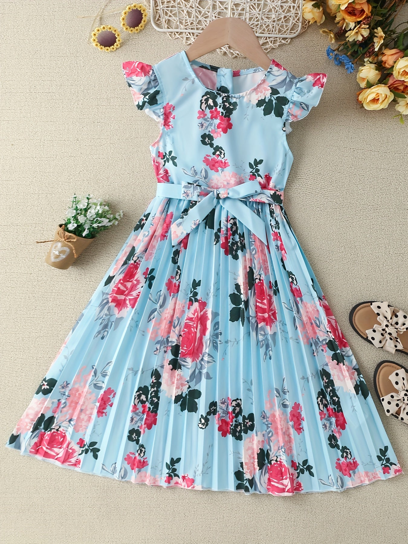 Girls' Boho Floral Pleated Casual Dress Fly Sleeve