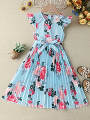 Girls' Boho Floral Pleated Casual Dress Fly Sleeve