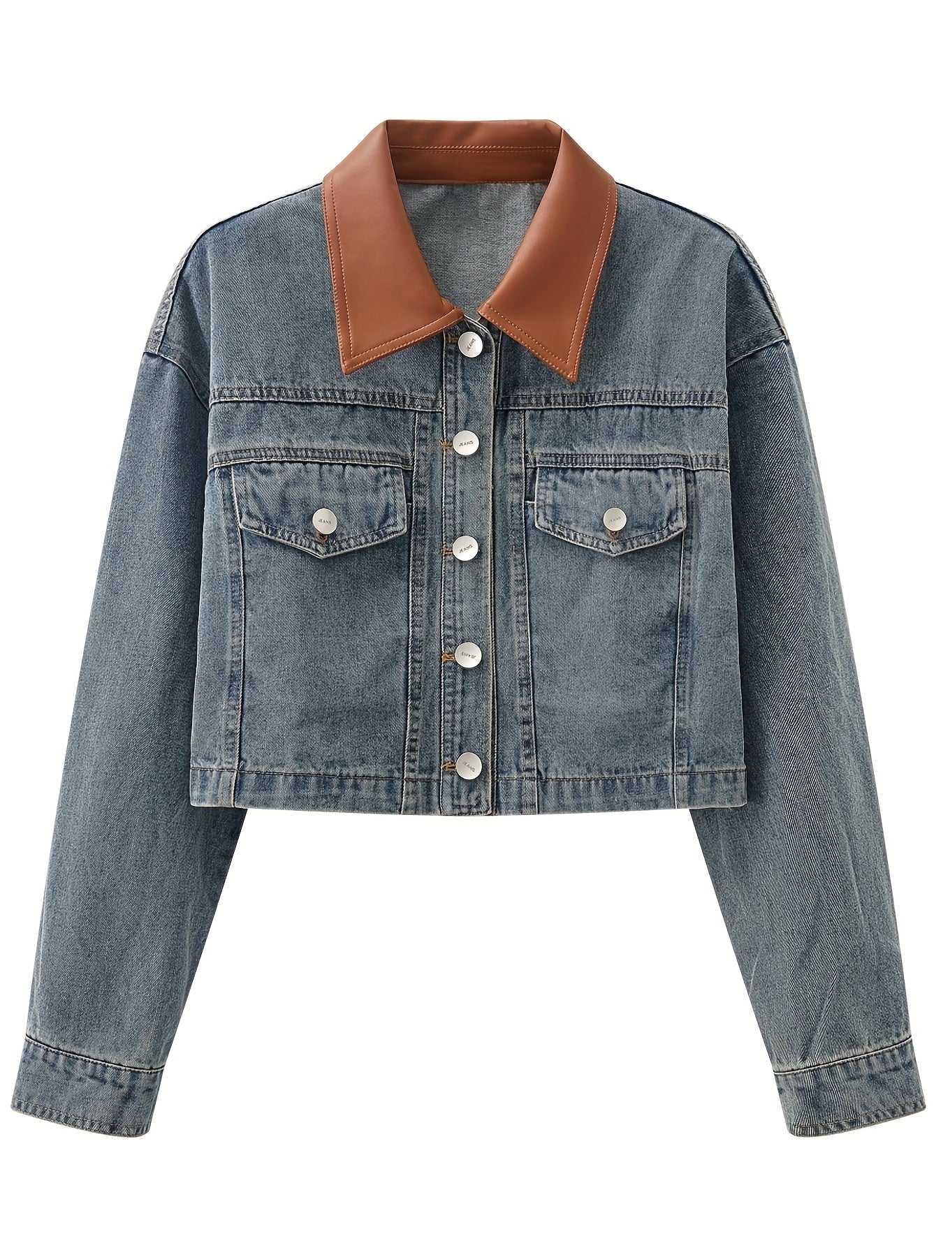 Vintage Denim Crop Jacket Leather Lapel Long Sleeves Front Button Coat