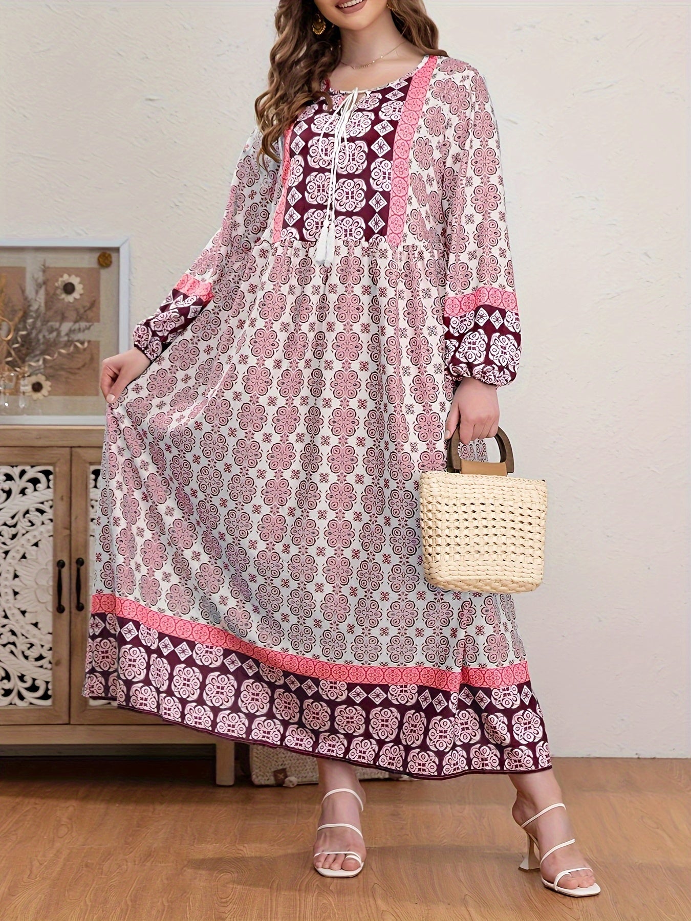Boho Abaya Dress Women's Plus Allover Print Tassel Tie Neck