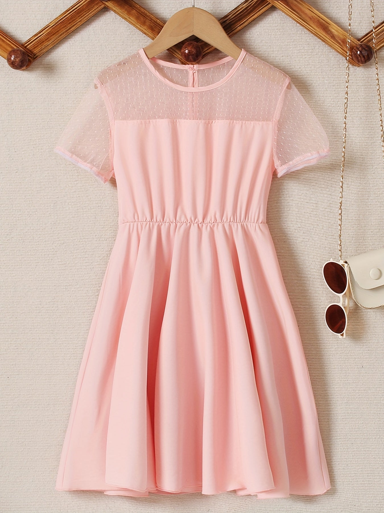 Girl's Contrast Mesh Short Sleeve A Line Dress For Party Beach Vacation