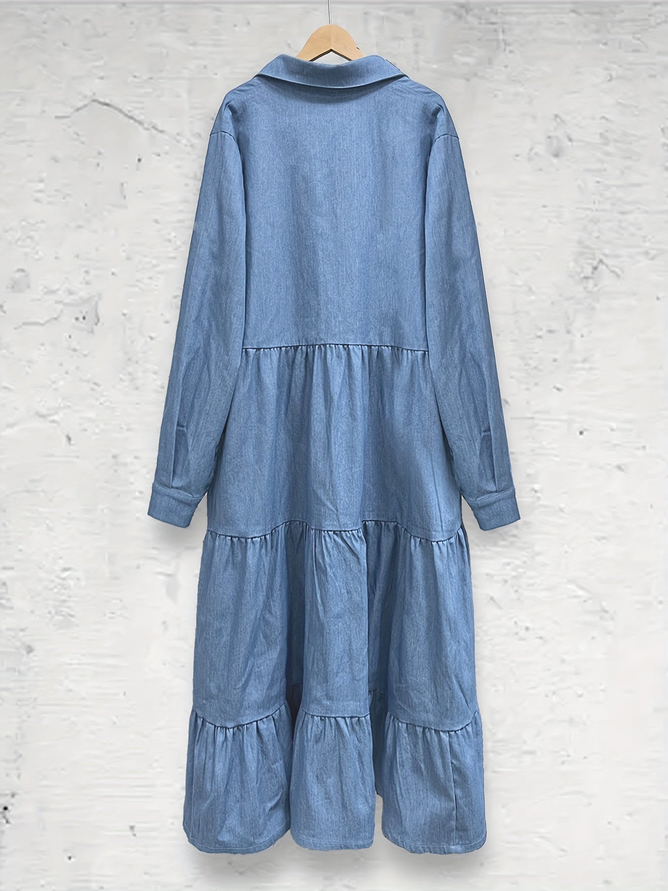Solid Button Up Long Sleeve Denim Shirt Dress