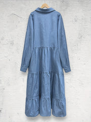 Solid Button Up Long Sleeve Denim Shirt Dress