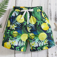 Boys Lemon Flower & Leaf Print Casual Shorts for Vacation Beach
