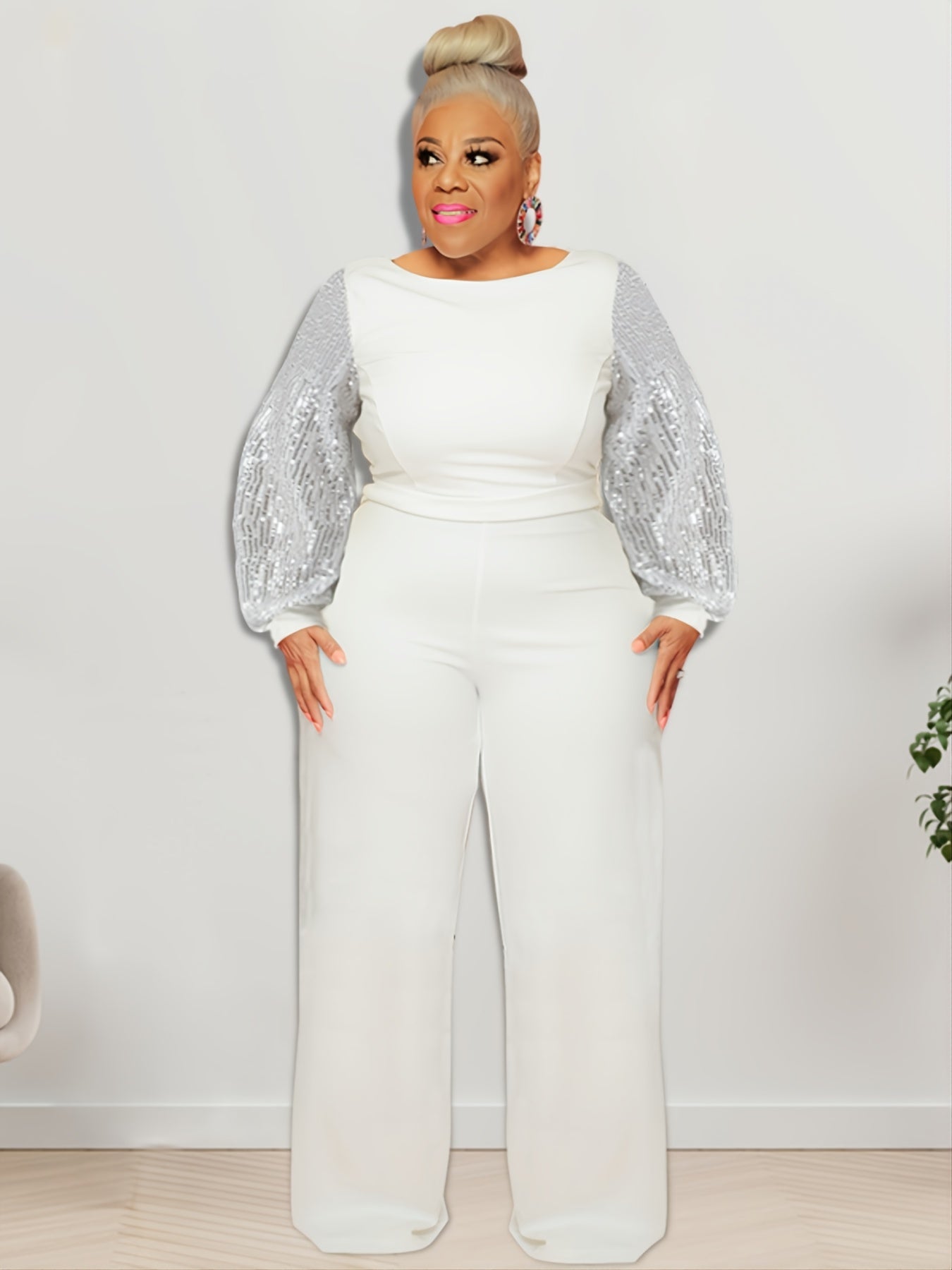 Contrast Sequin Sleeve Wide Leg Jumpsuit Plus Size High Stretch Party Jumpsuit
