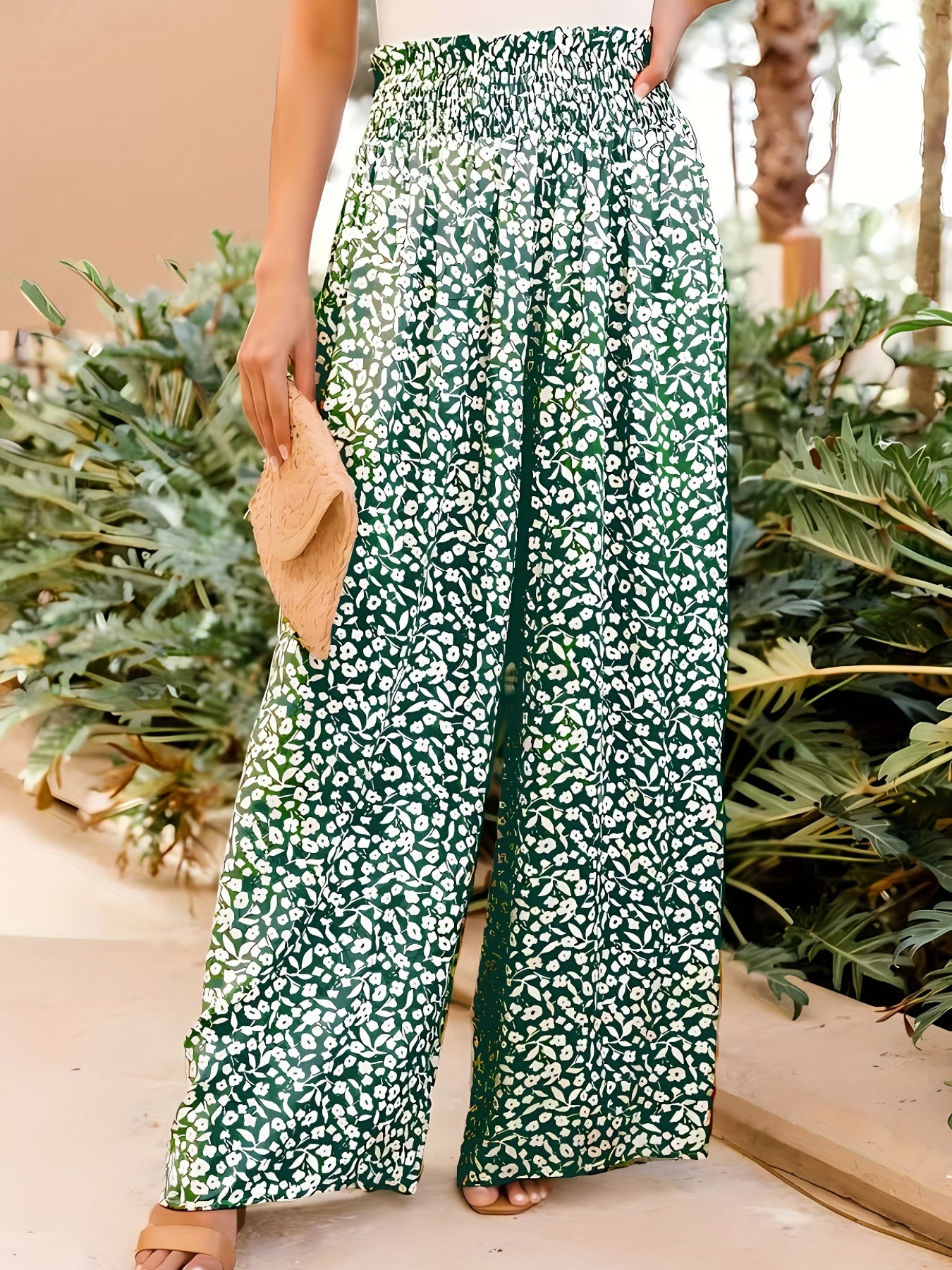 Ditsy Print Smocked Waist Wide Leg Pants for Women