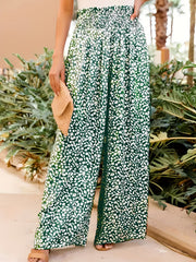 Ditsy Print Smocked Waist Wide Leg Pants for Women
