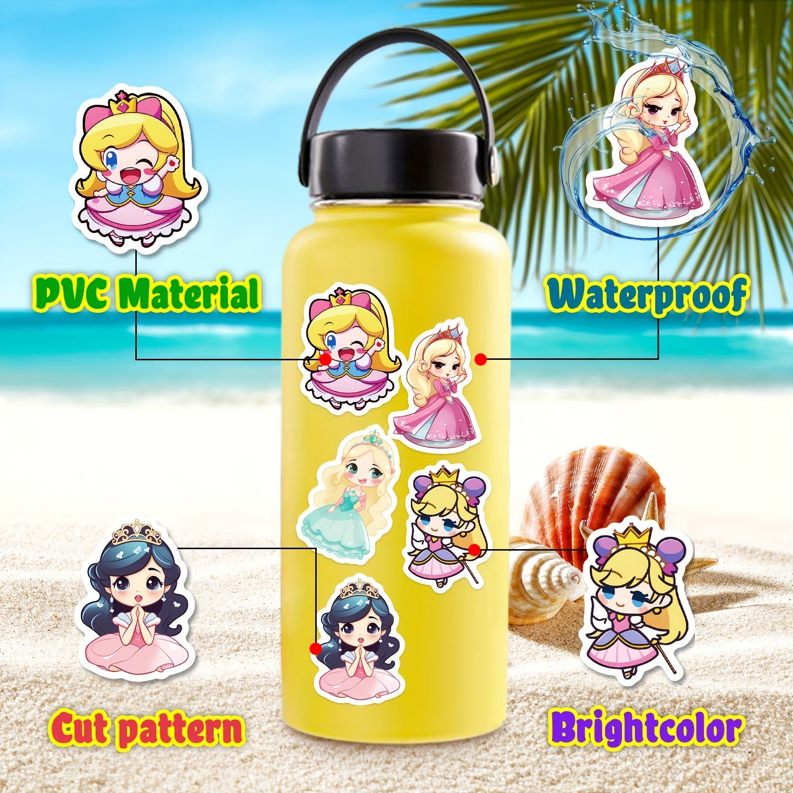 50pcs Princess Stickers Vinyl Waterproof Cartoon Princess Stickers For Girls