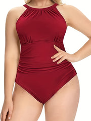 Sexy Swimsuit Solid Ruched Cut Out Back One Piece Bathing Suit