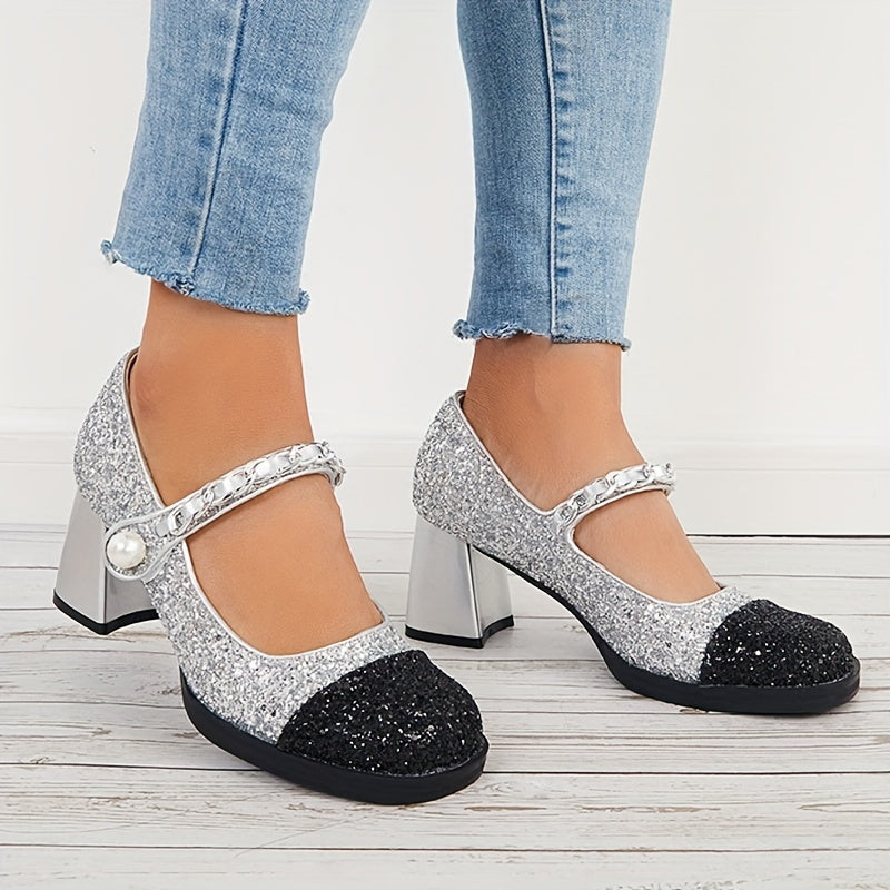 Women's Cap Toe Mary Jane Chunky Heels Dress Pumps