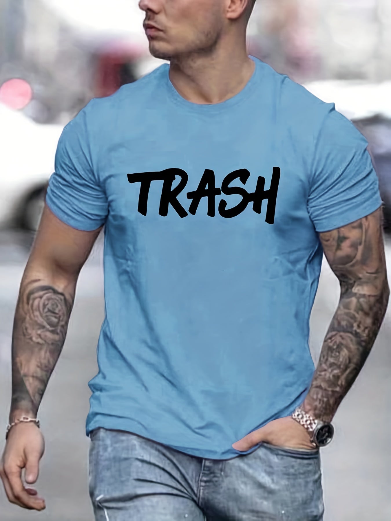 Men's Trash Print T shirt Casual Breathable Tee Men's Clothing