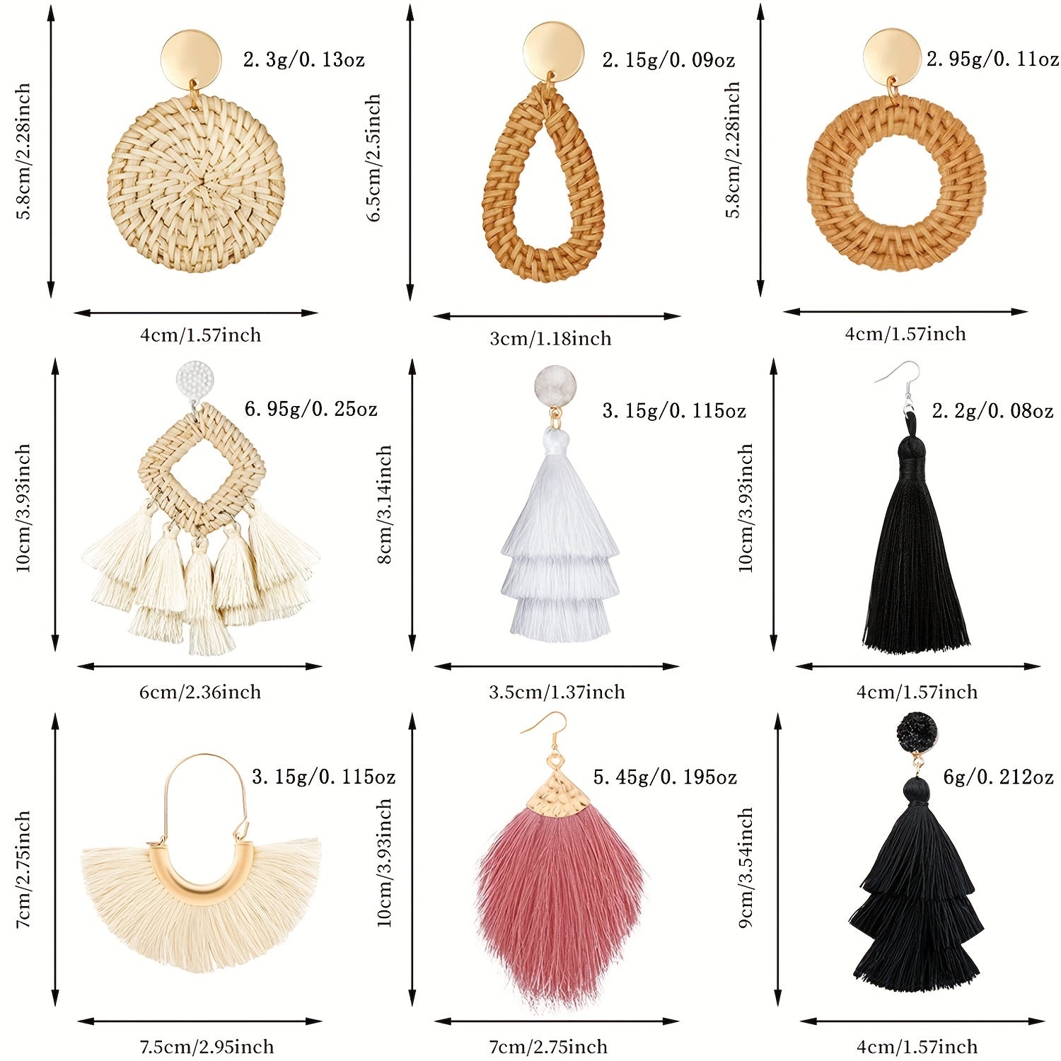 Rattan Tassel Earrings Set Bohemian Style Dangle Stud Earrings