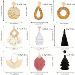 Rattan Tassel Earrings Set Bohemian Style Dangle Stud Earrings