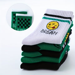 5pairs Checker Smiling Face Crew Socks for Kids