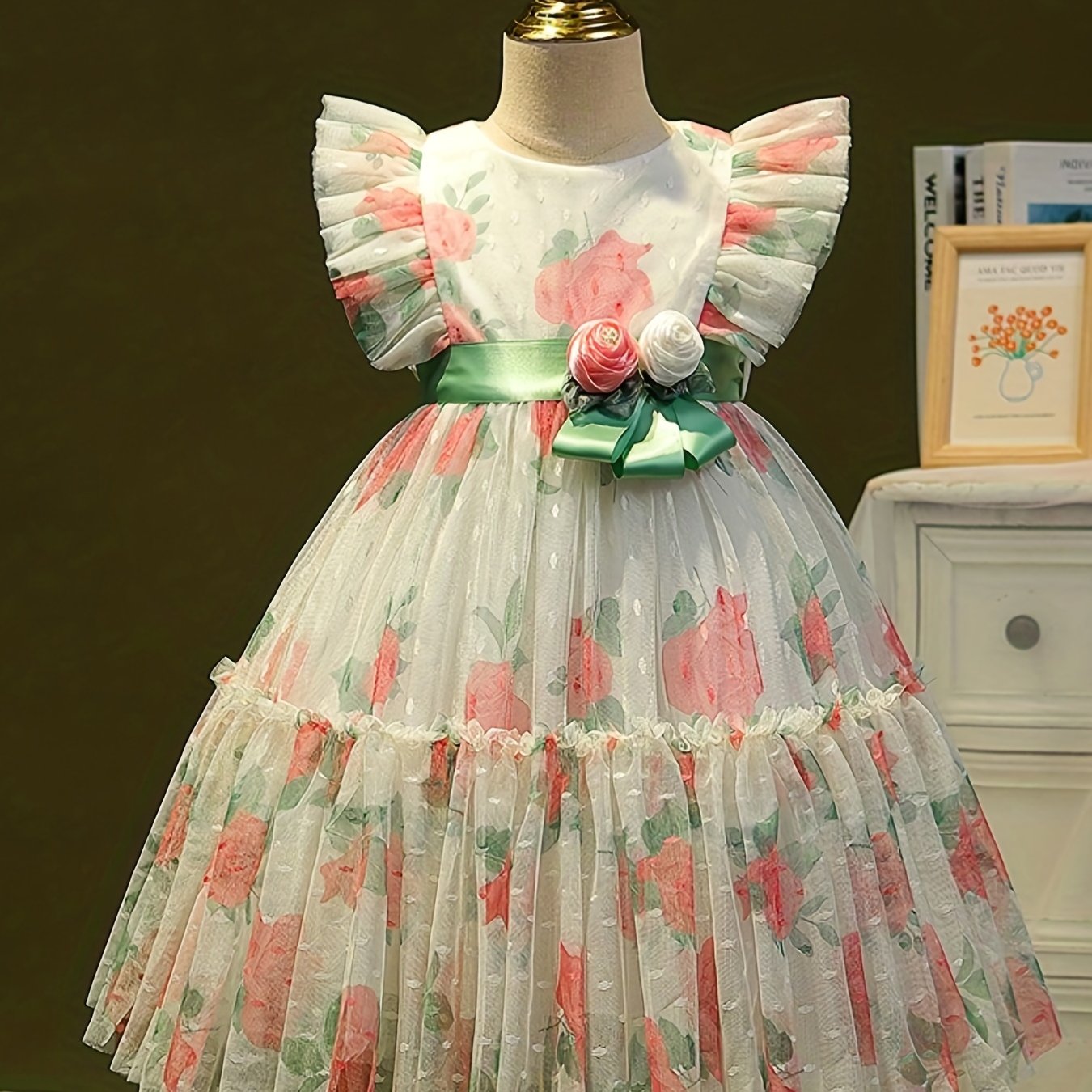 Girls Summer Flutter Sleeve Dress Baby Floral Princess Skirt