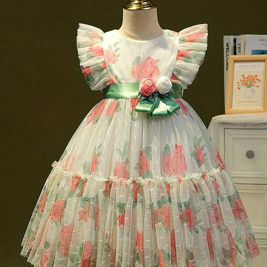 Girls Summer Flutter Sleeve Dress Baby Floral Princess Skirt