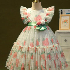 Girls Summer Flutter Sleeve Dress Baby Floral Princess Skirt