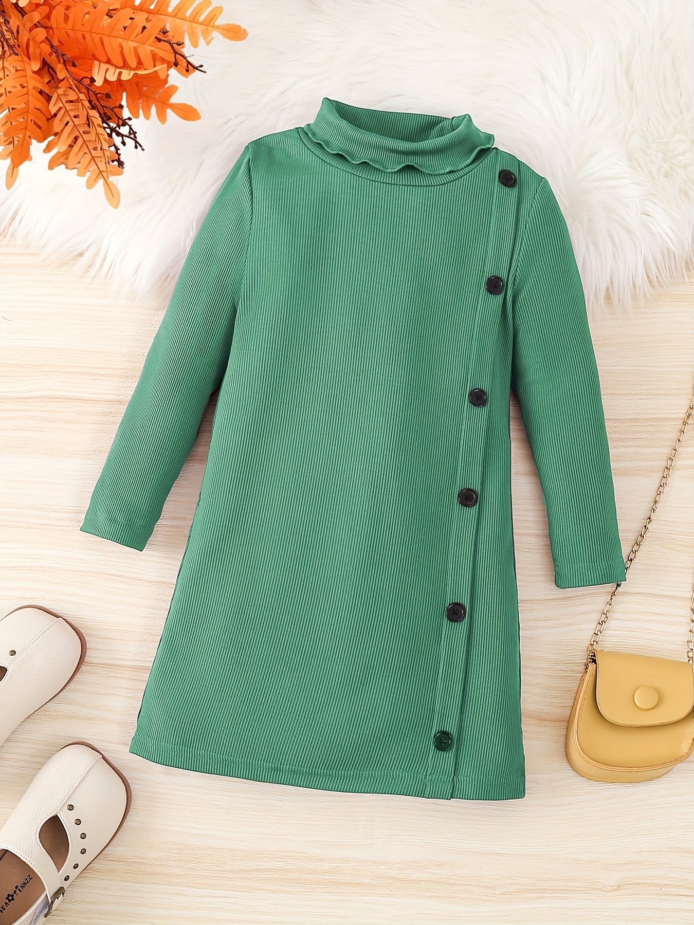Girls' Turtleneck Side Button Decor Long Sleeve Sweater Dress
