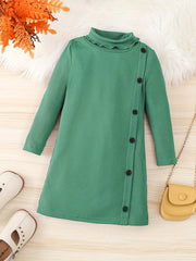 Girls' Turtleneck Side Button Decor Long Sleeve Sweater Dress