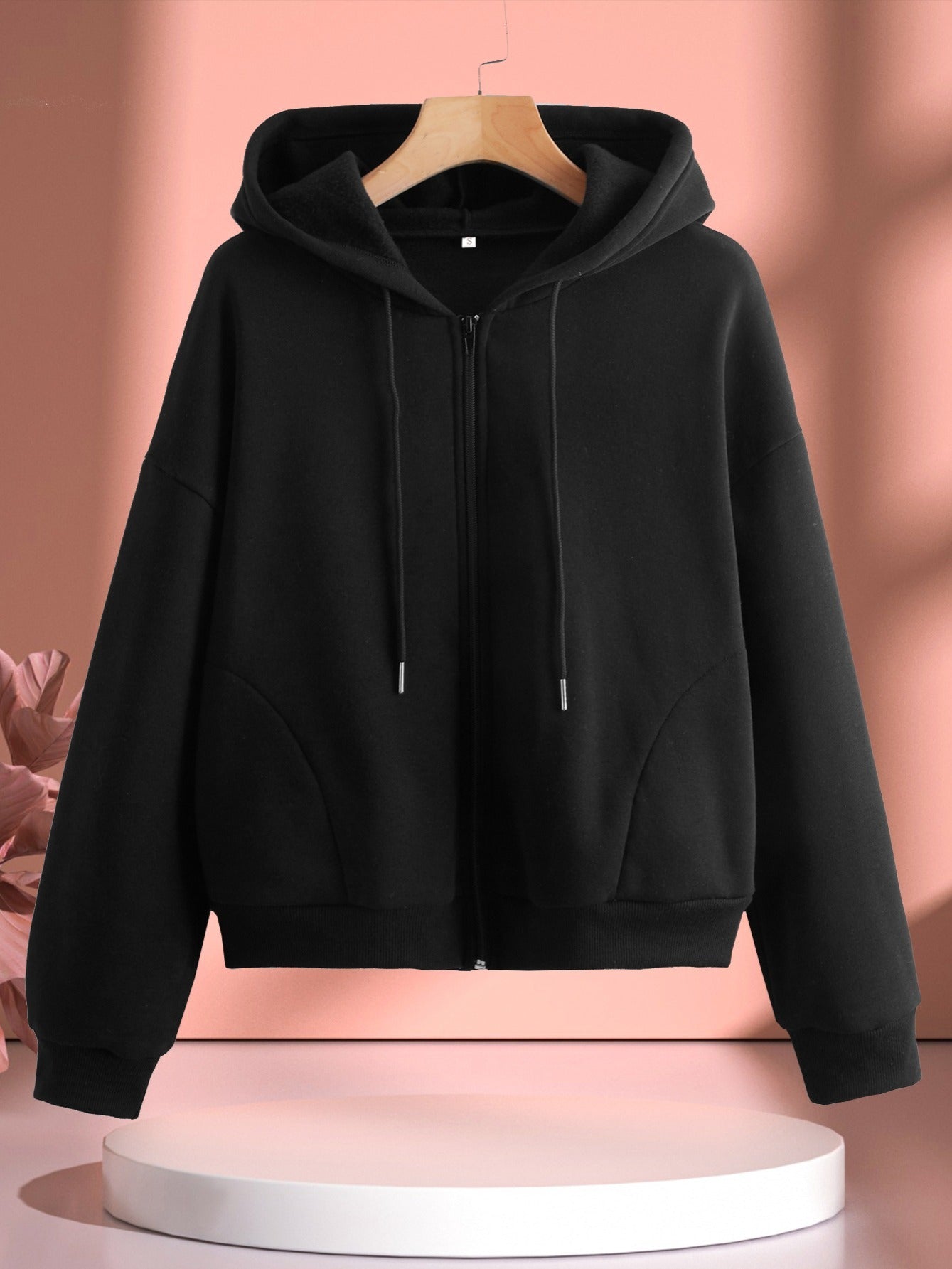 Women's Solid Zip Up Long Sleeve Hoodie Drawstring Sweatshirt