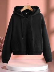 Women's Solid Zip Up Long Sleeve Hoodie Drawstring Sweatshirt