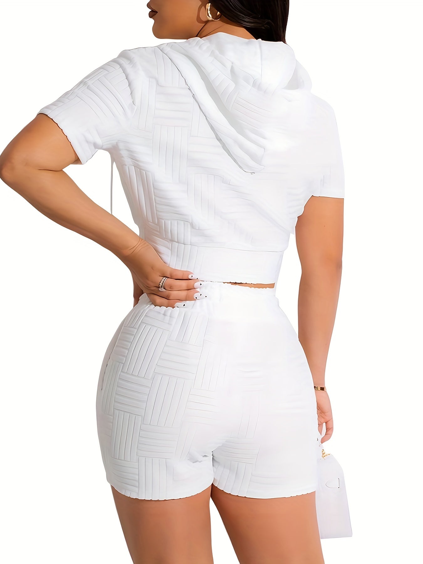 Casual Solid Two Piece Shorts Set Zip Up Hooded Crop Top & Drawstring Shorts