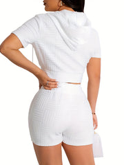 Casual Solid Two Piece Shorts Set Zip Up Hooded Crop Top & Drawstring Shorts