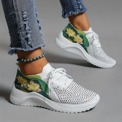 Lotus Printed Sneakers with Rhinestone Decor Low Top Sports Shoes