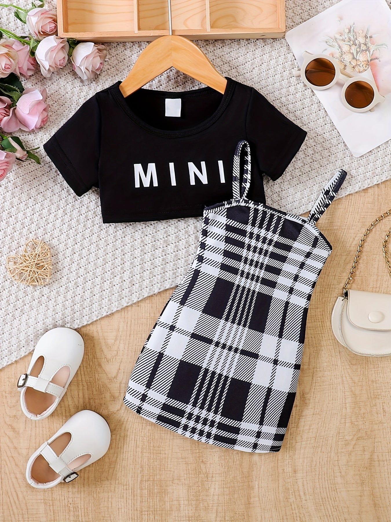 Infants Summer Outfit Short Sleeve Tee Top & Cami Dress Set with Suspenders