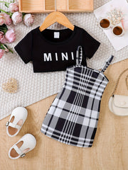 Infants Summer Outfit Short Sleeve Tee Top & Cami Dress Set with Suspenders