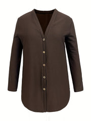 Casual Cardigan Women's Plus Solid Long Sleeve Button Front V Neck