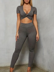 Heathered Twist Front V Neck Crop Top & Leggings Set