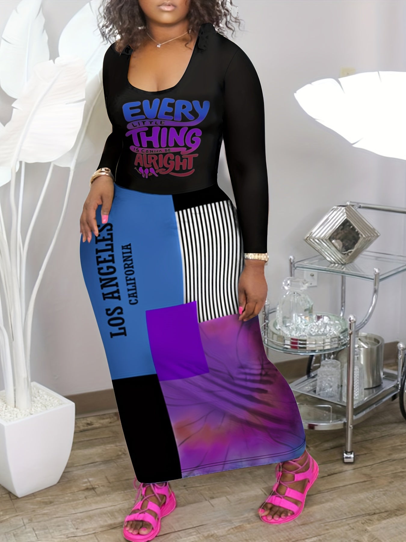 2 Piece Set Colorblock Slogan & Stripe Print Top & Maxi Skirt